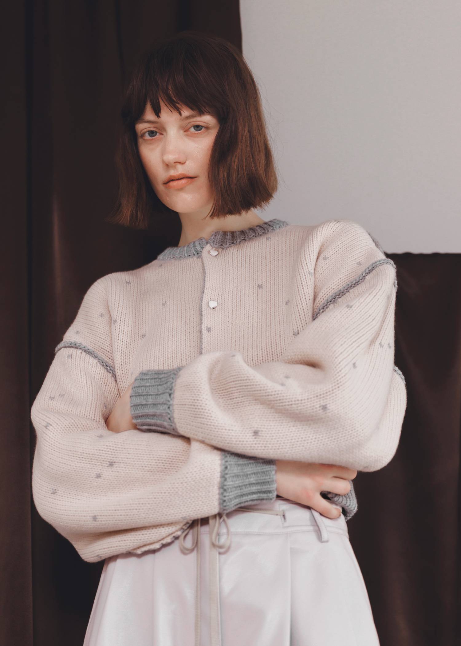 short heart dot jacquard reversible knit cardigan