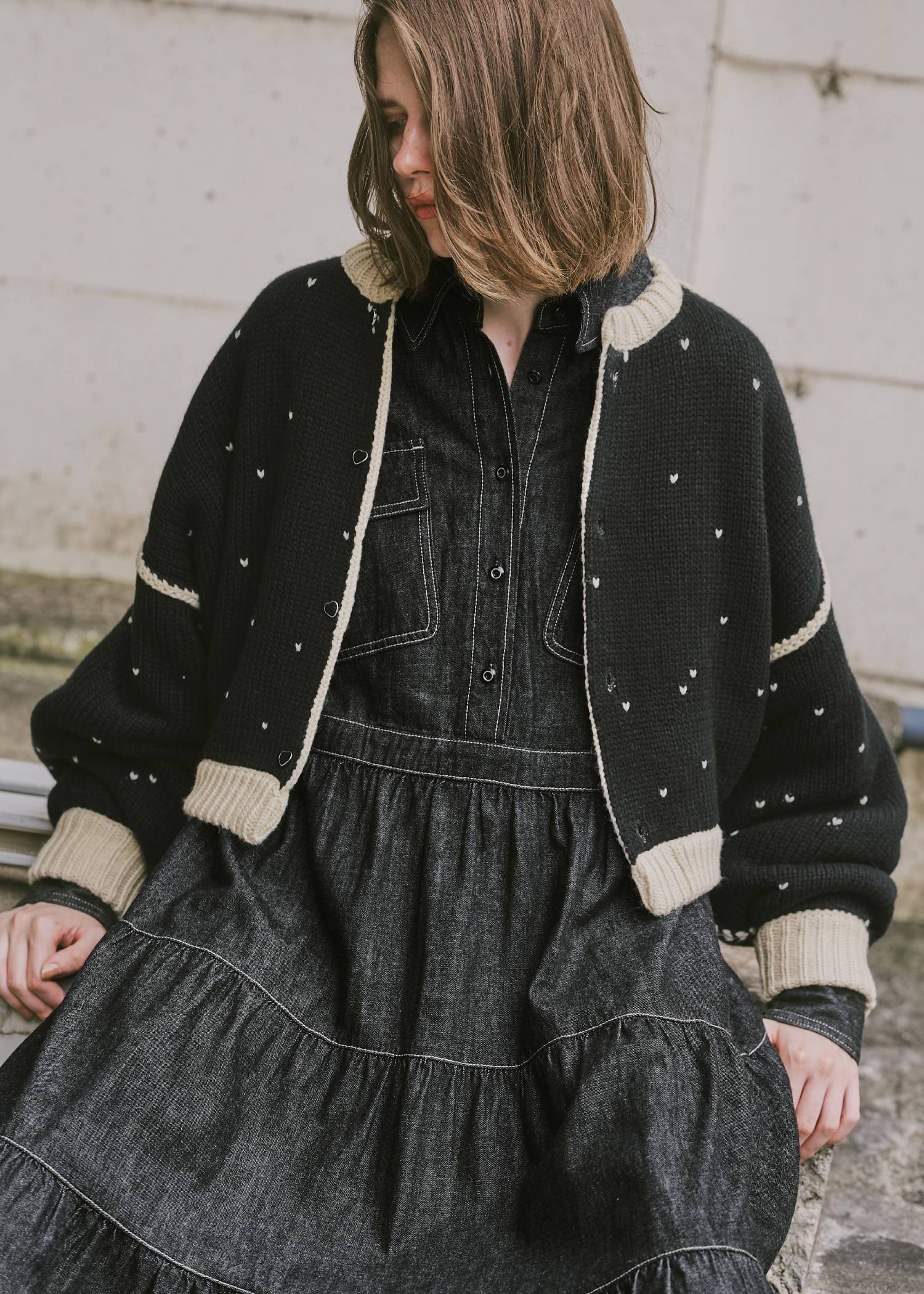 short heart dot jacquard reversible knit cardigan