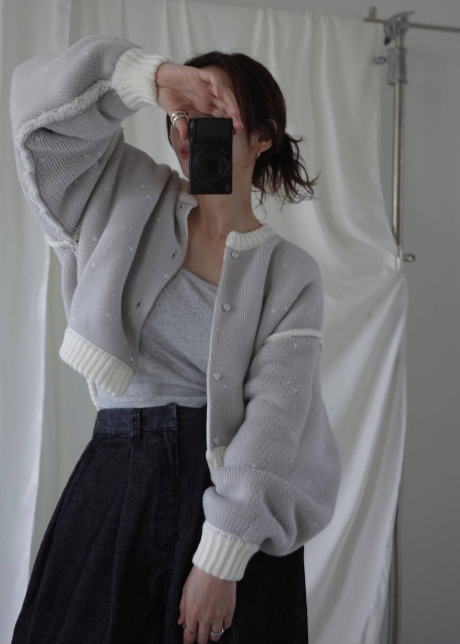 short heart dot jacquard reversible knit cardigan
