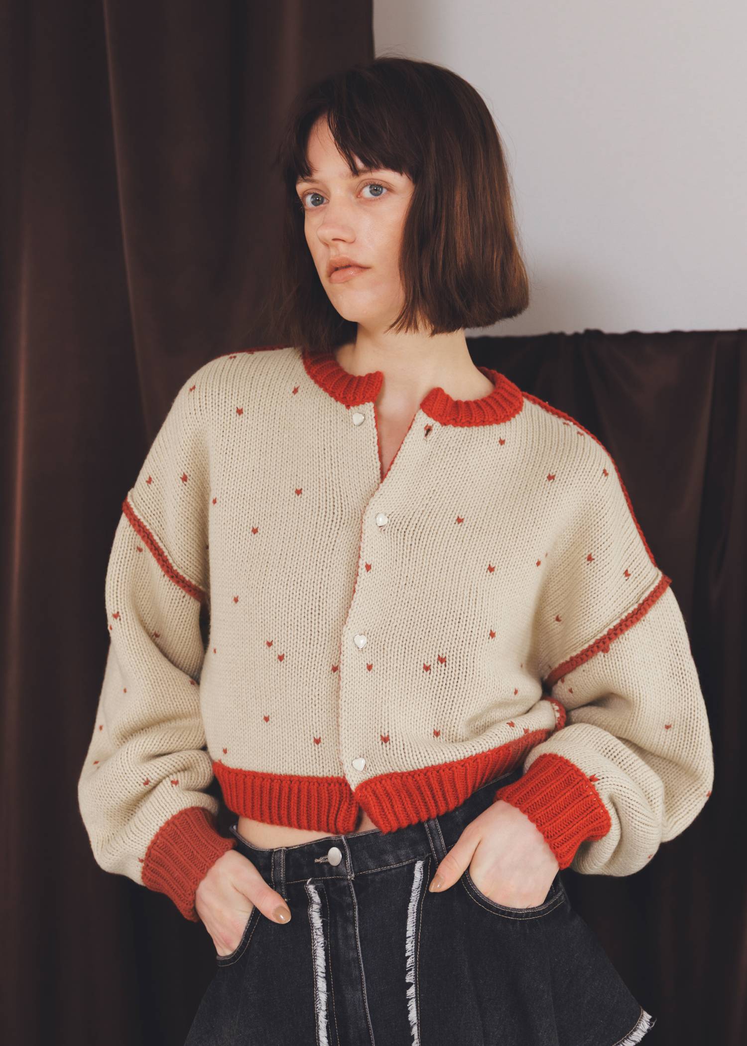 short heart dot jacquard reversible knit cardigan