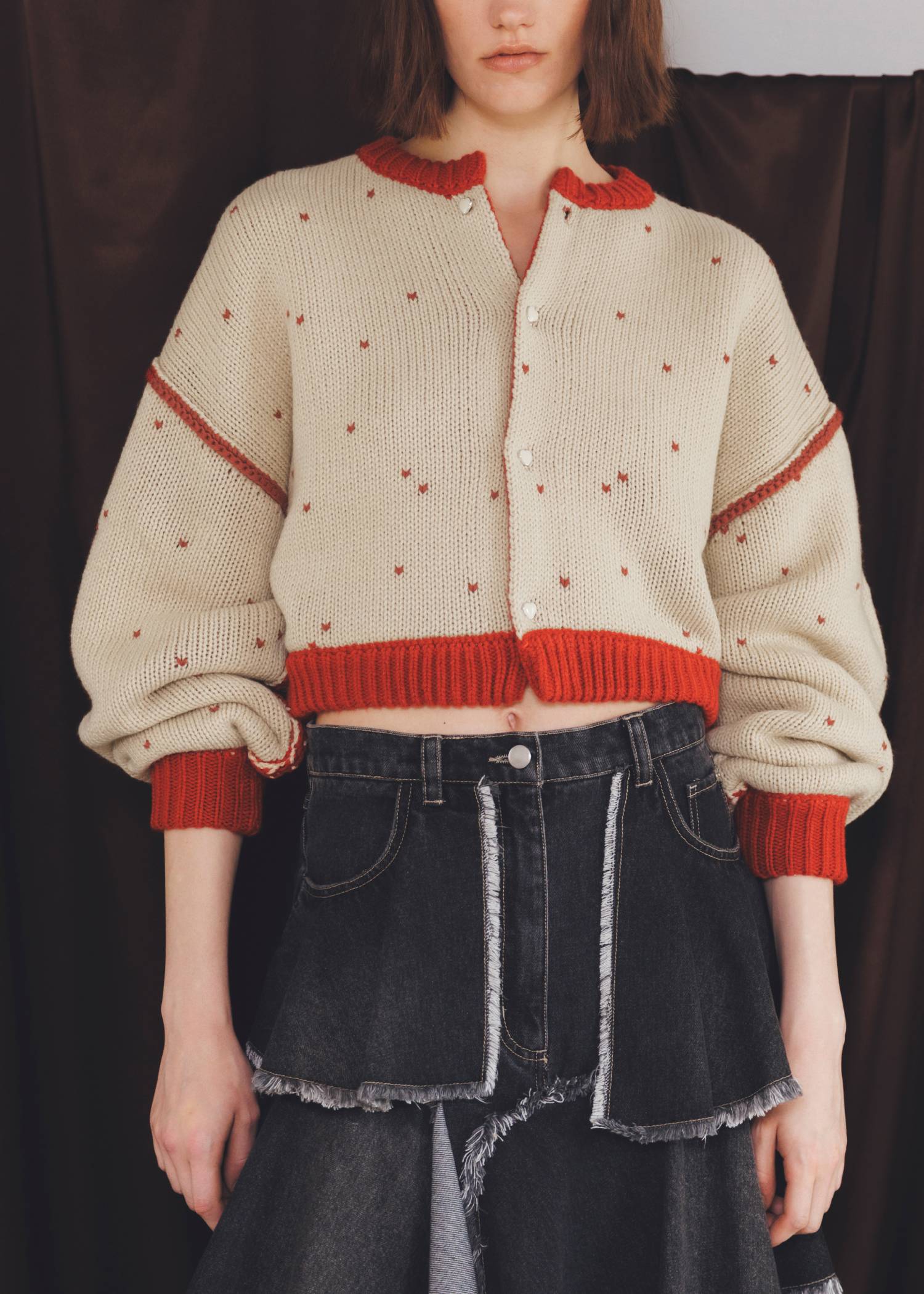 short heart dot jacquard reversible knit cardigan