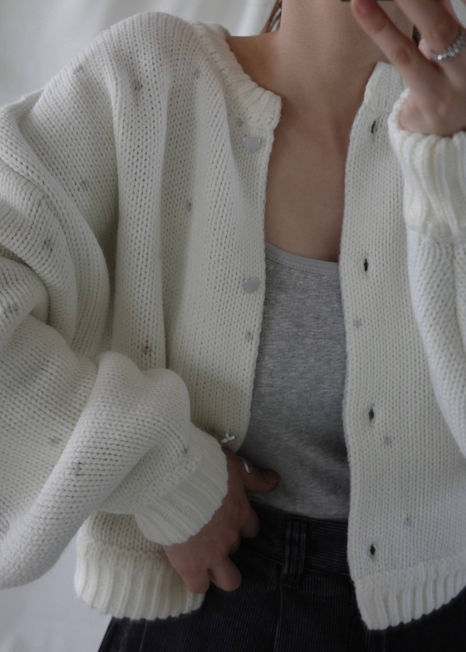 short heart dot jacquard reversible knit cardigan