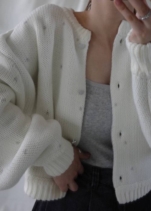 short heart dot jacquard reversible knit cardigan