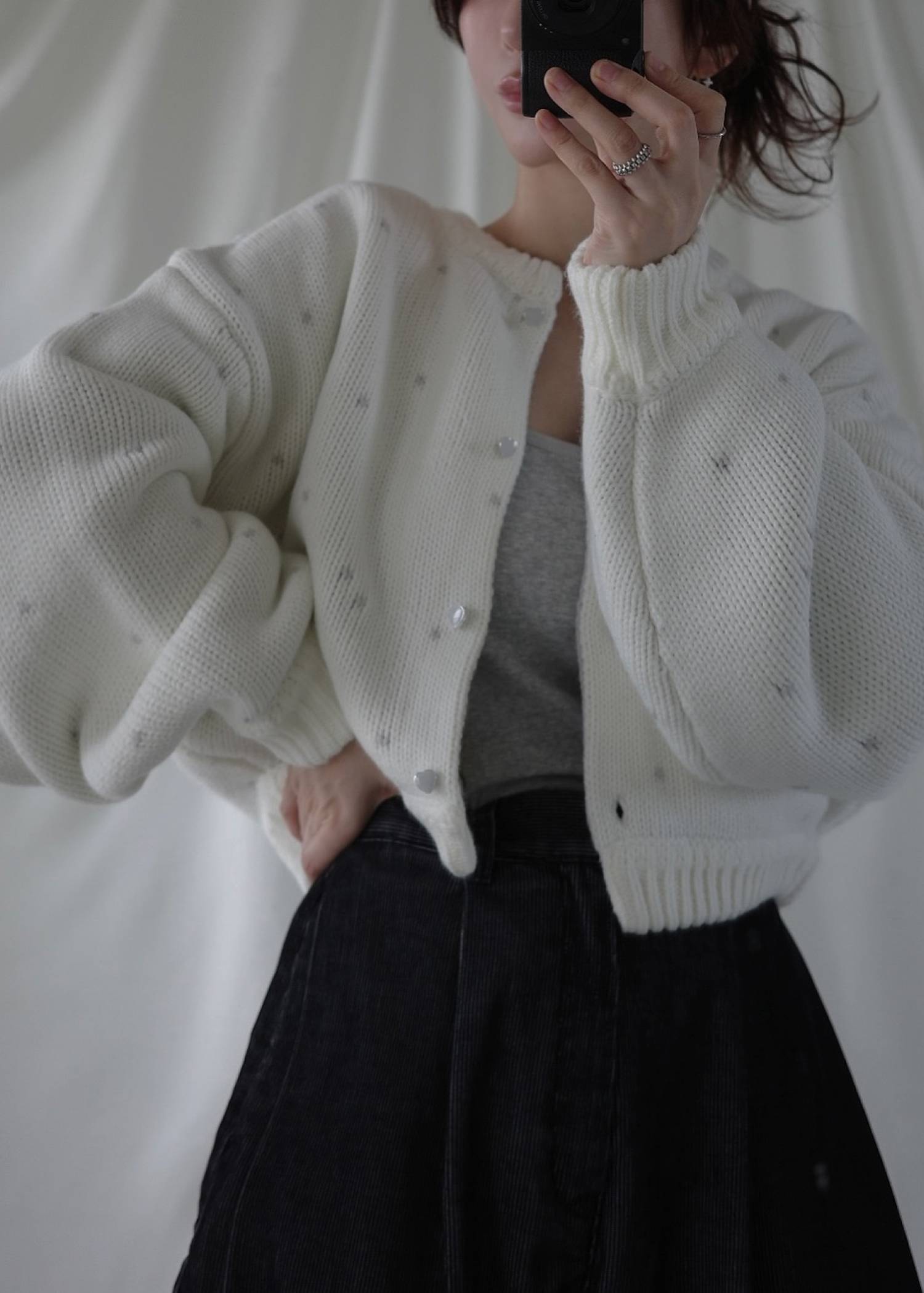 short heart dot jacquard reversible knit cardigan