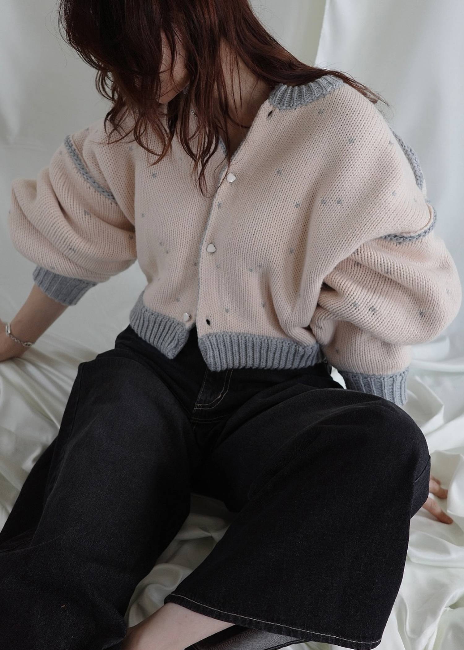 short heart dot jacquard reversible knit cardigan