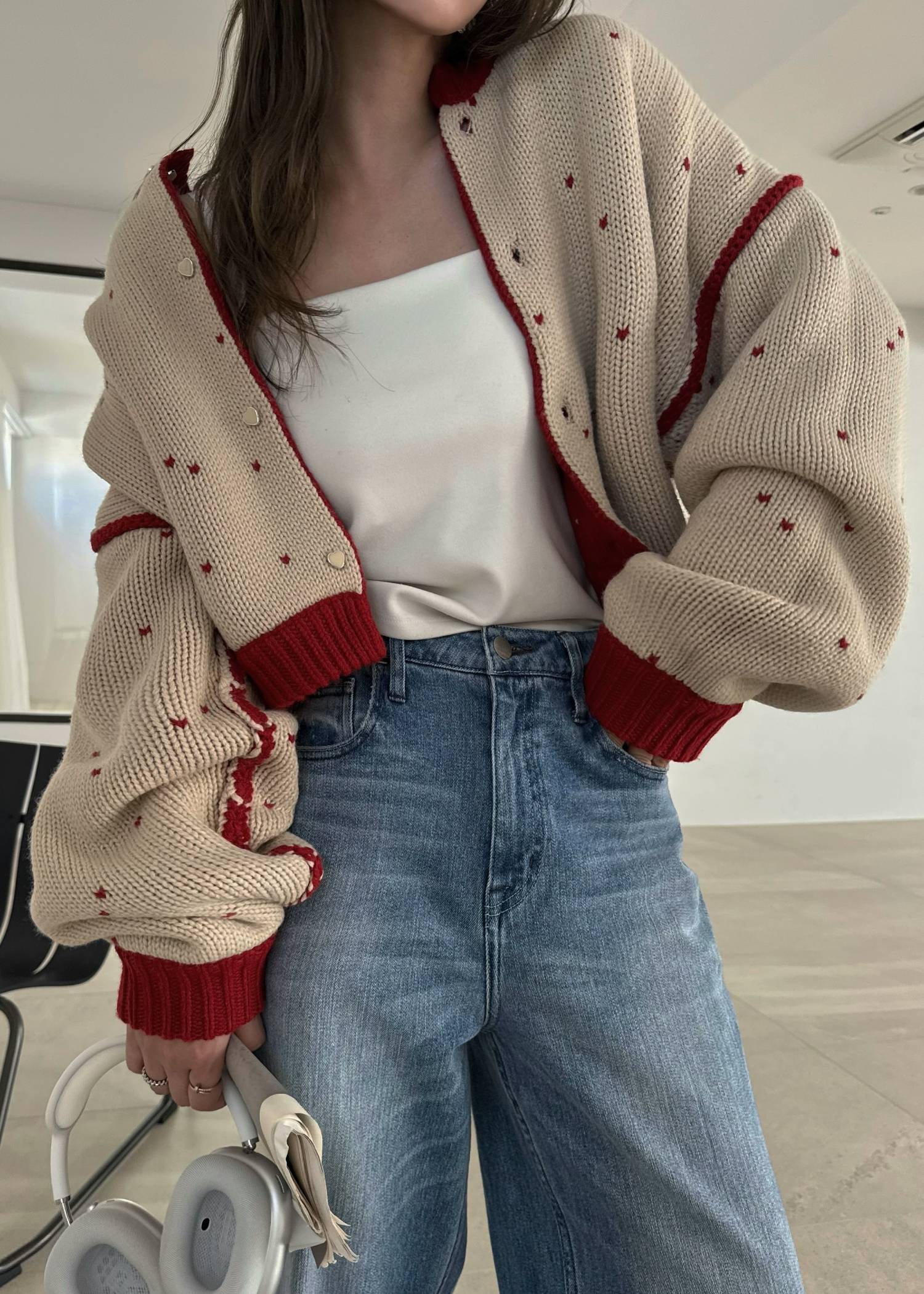 short heart dot jacquard reversible knit cardigan