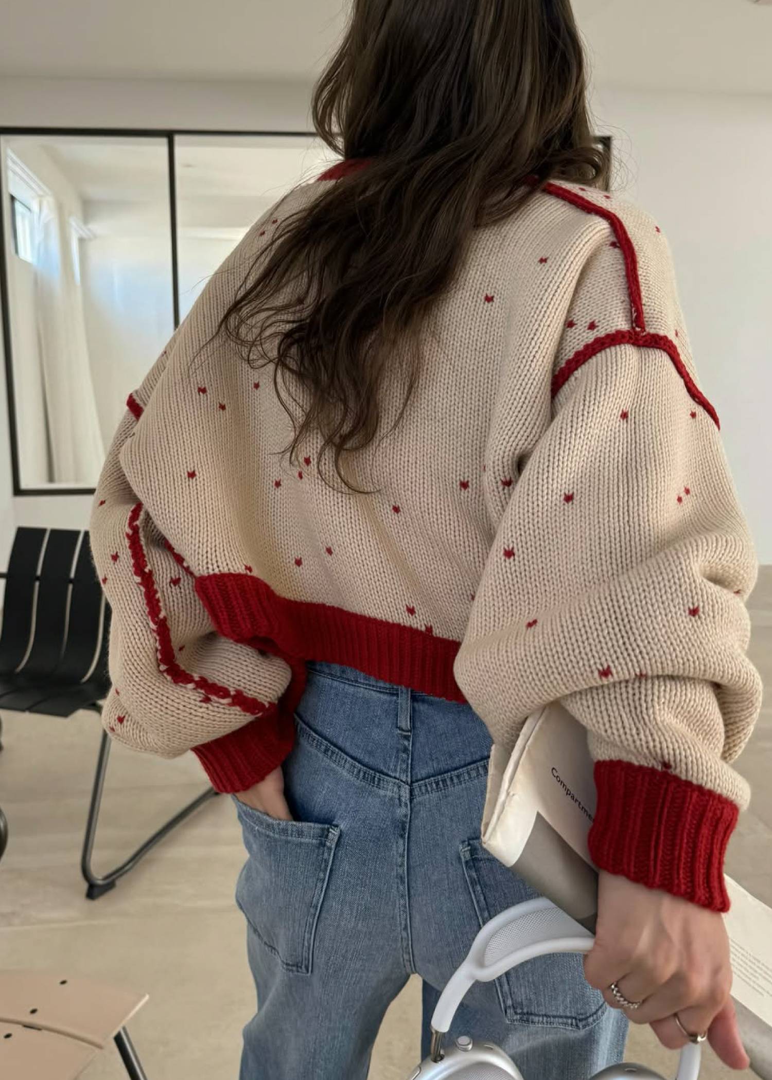 short heart dot jacquard reversible knit cardigan