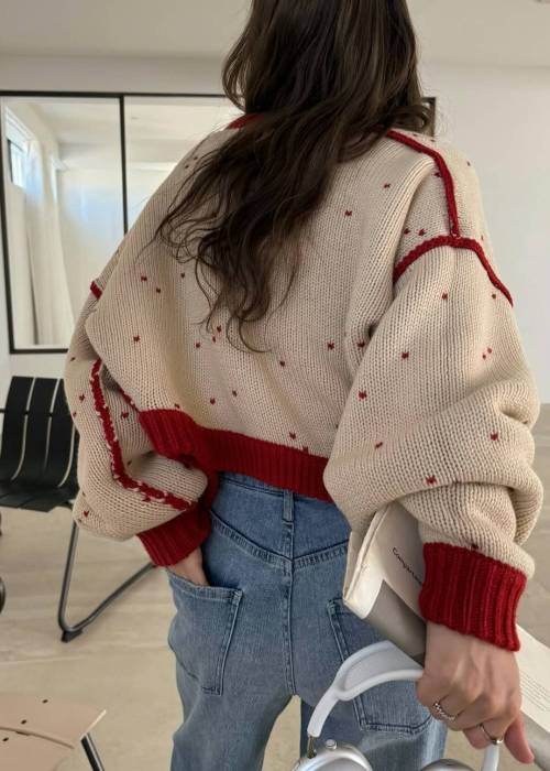 short heart dot jacquard reversible knit cardigan