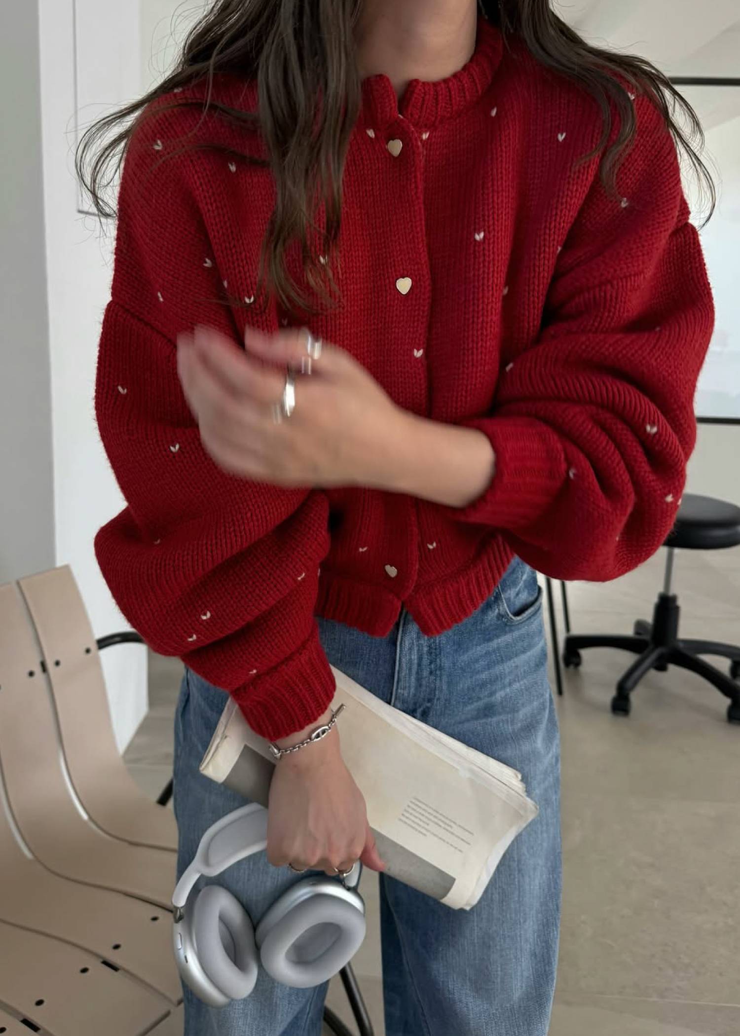 short heart dot jacquard reversible knit cardigan