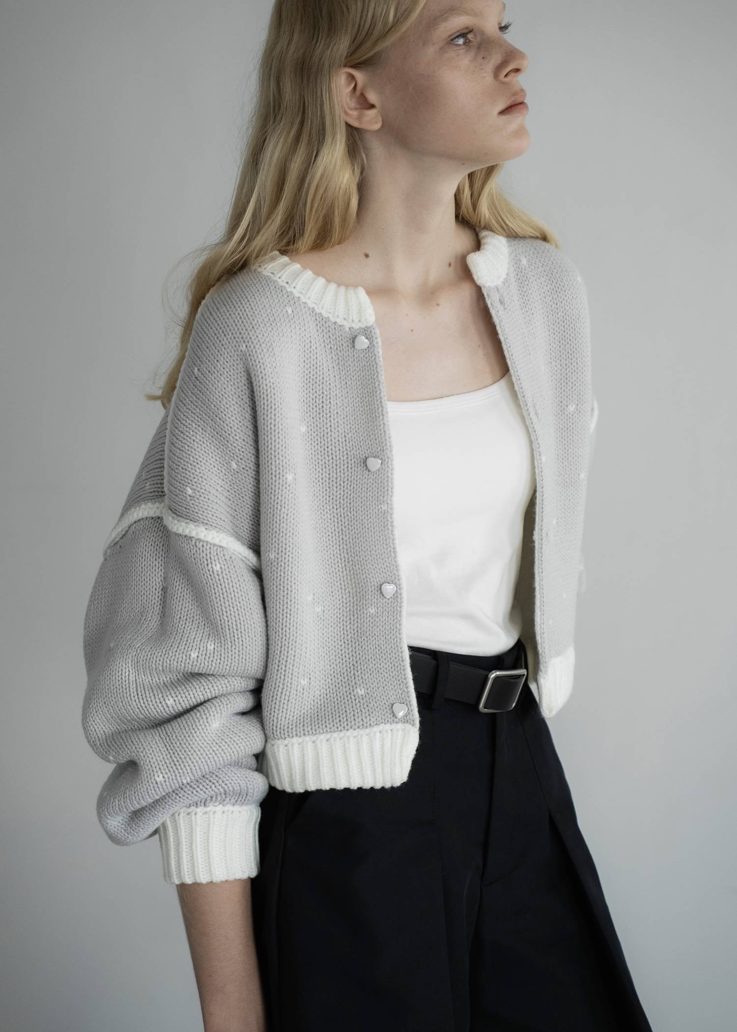 short heart dot jacquard reversible knit cardigan
