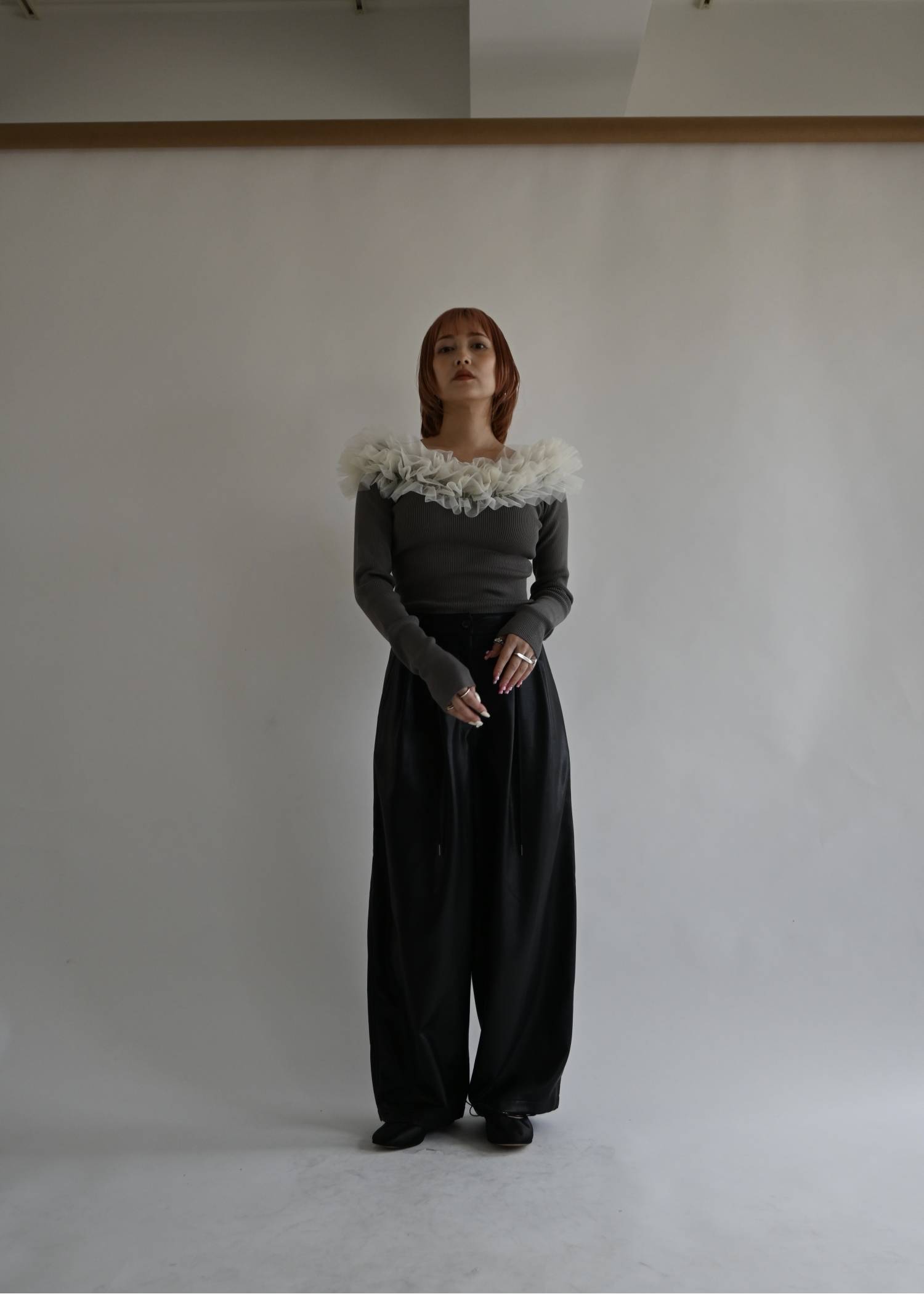 tulle frill neckline rib knit