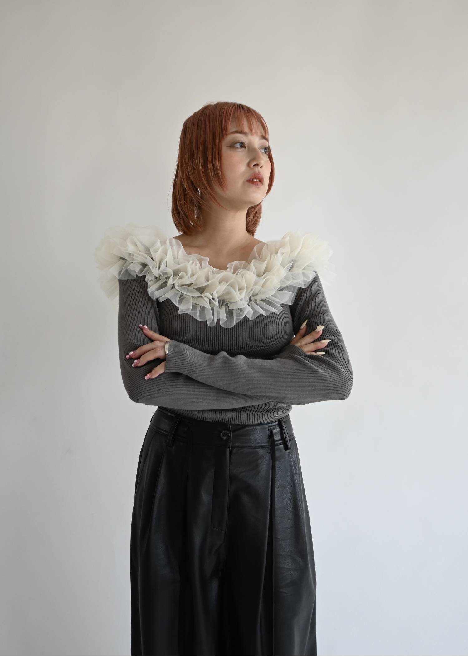 tulle frill neckline rib knit
