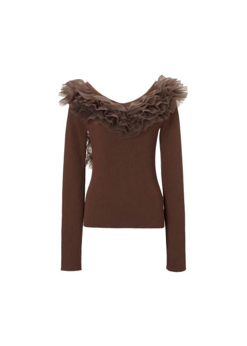 tulle frill neckline rib knit