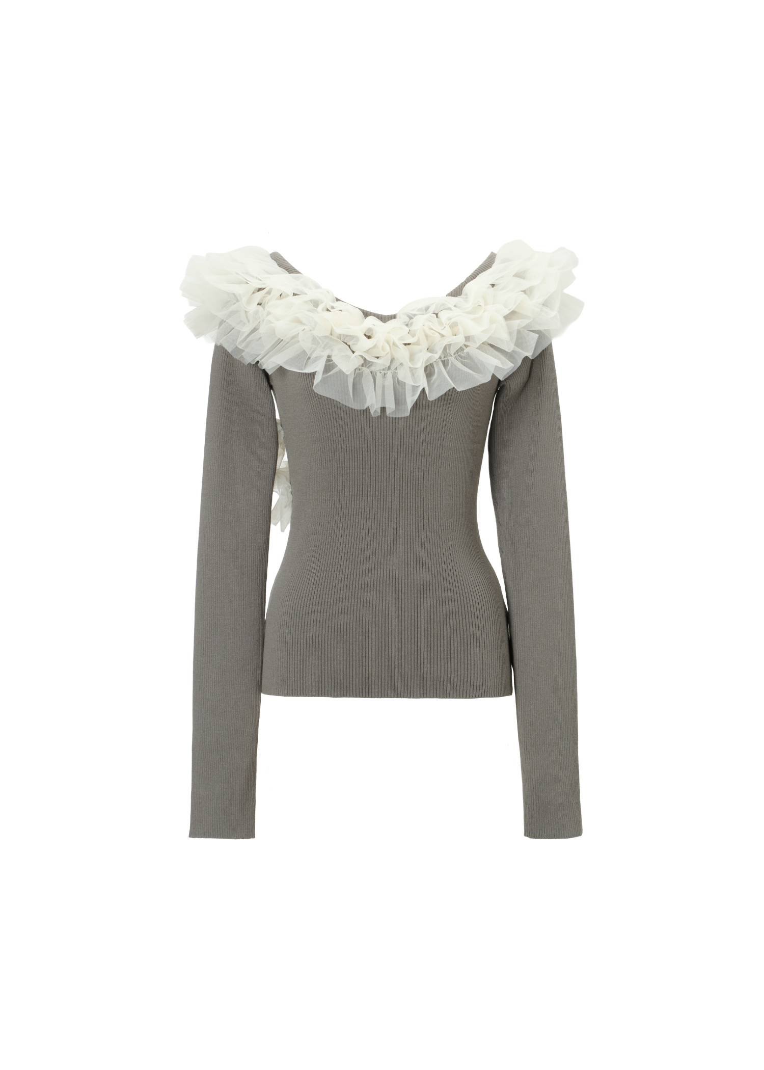 tulle frill neckline rib knit