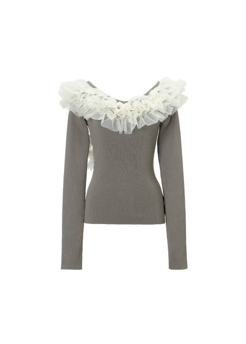 tulle frill neckline rib knit