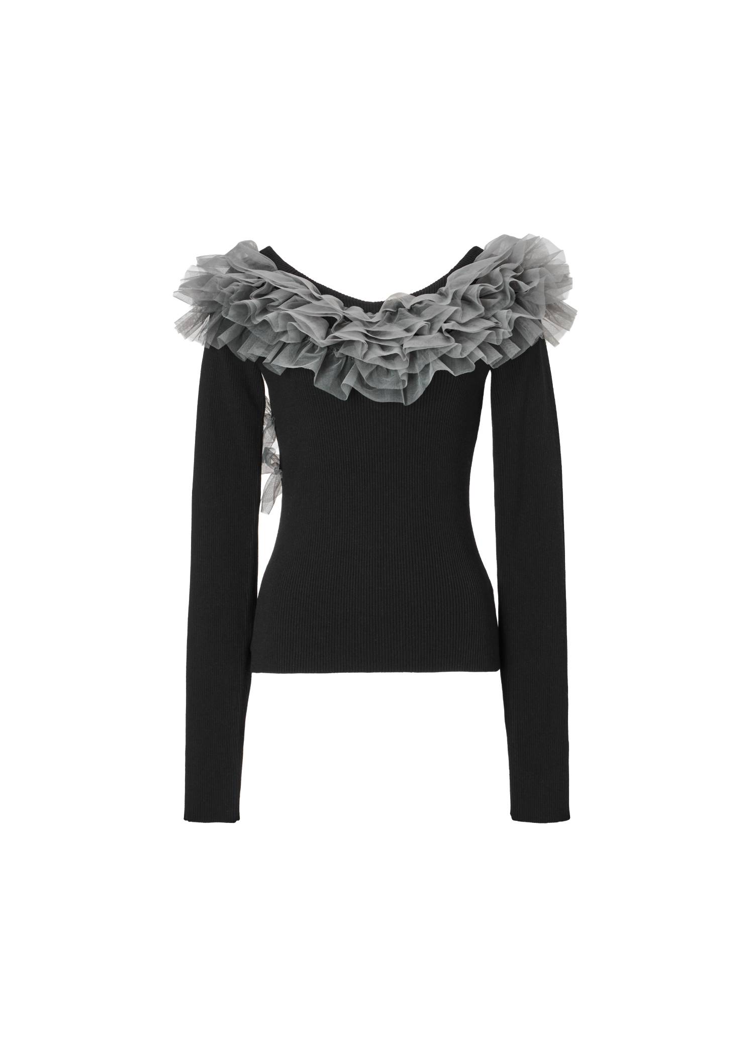 tulle frill neckline rib knit