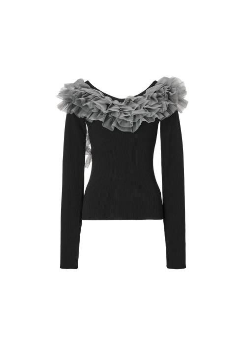 tulle frill neckline rib knit