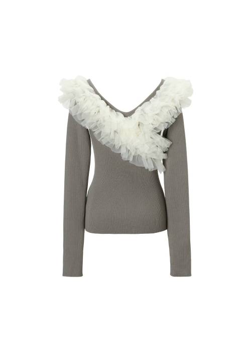 tulle frill neckline rib knit