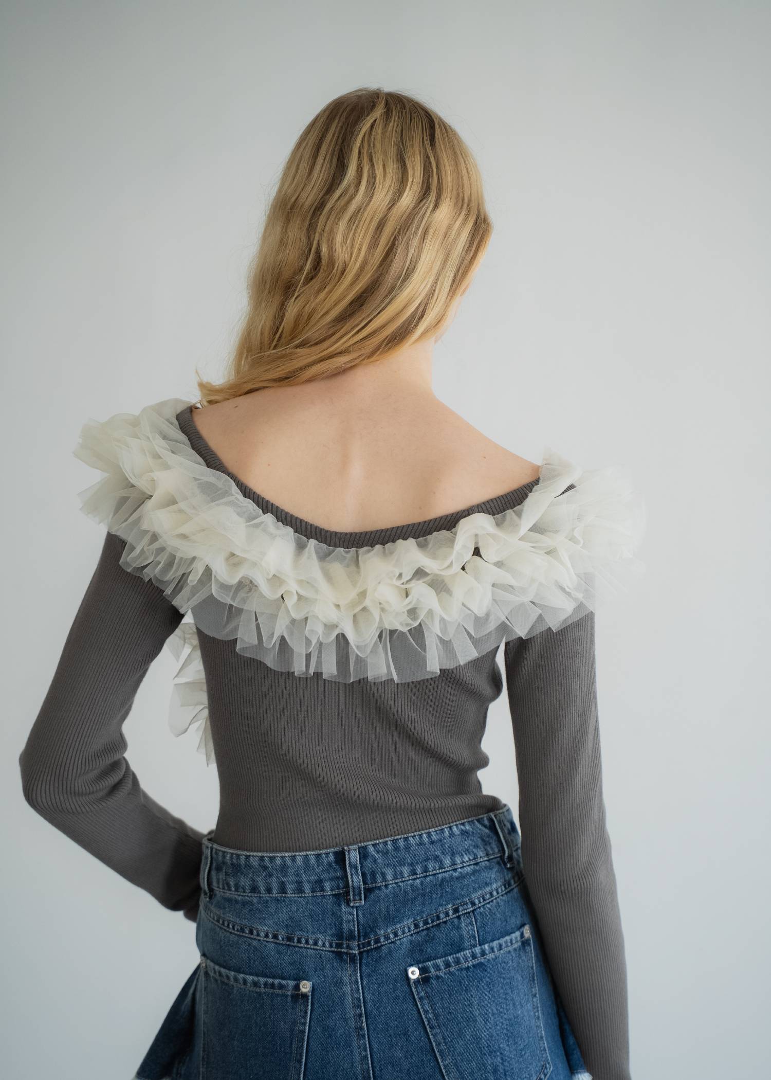 tulle frill neckline rib knit