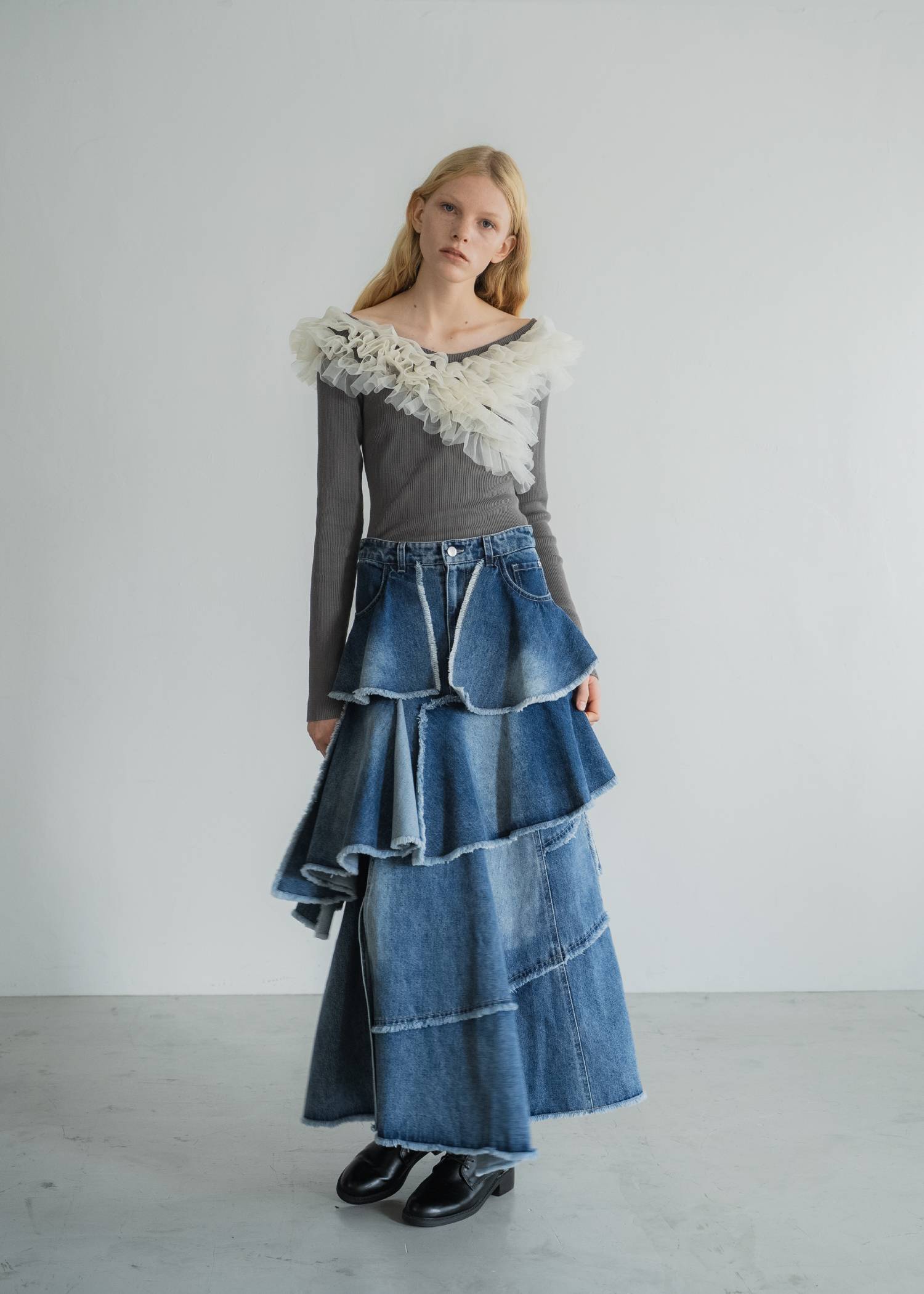 tulle frill neckline rib knit