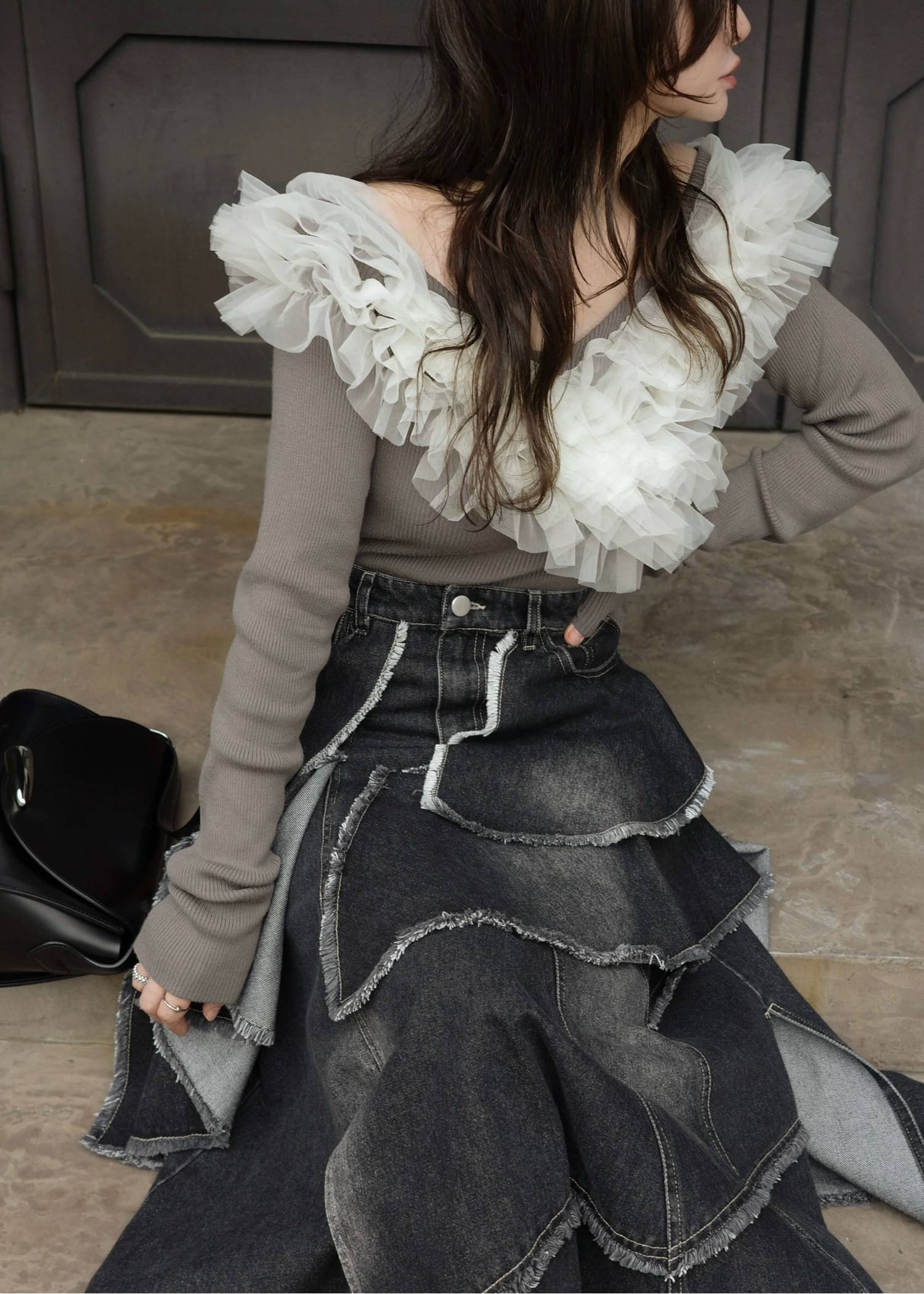 tulle frill neckline rib knit