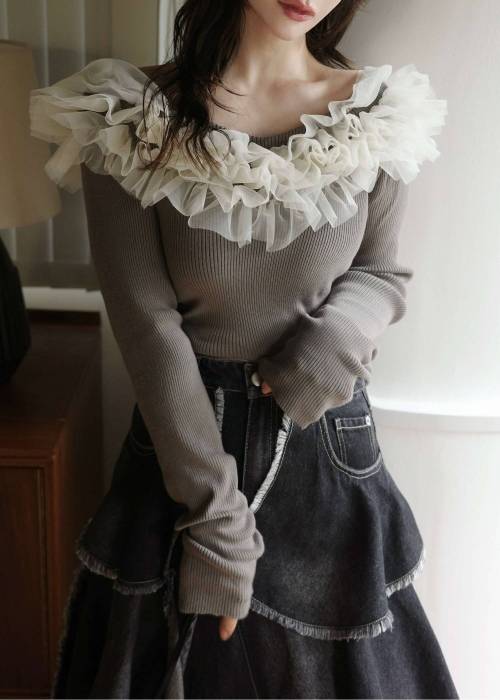 tulle frill neckline rib knit
