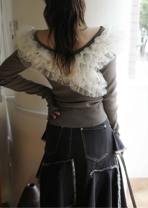 tulle frill neckline rib knit