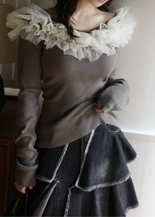 tulle frill neckline rib knit