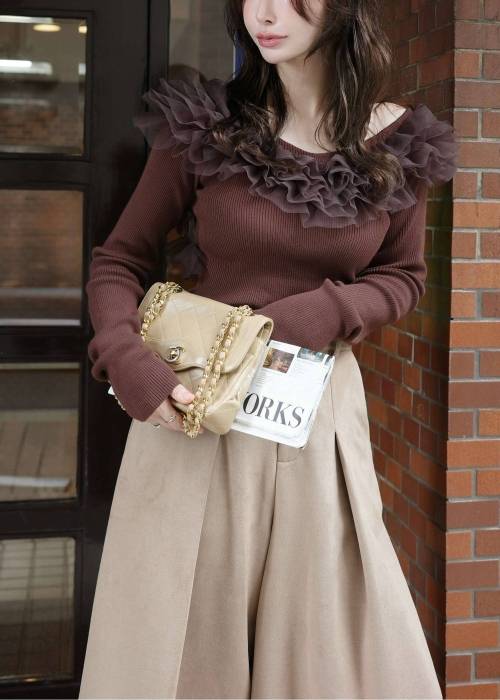 tulle frill neckline rib knit