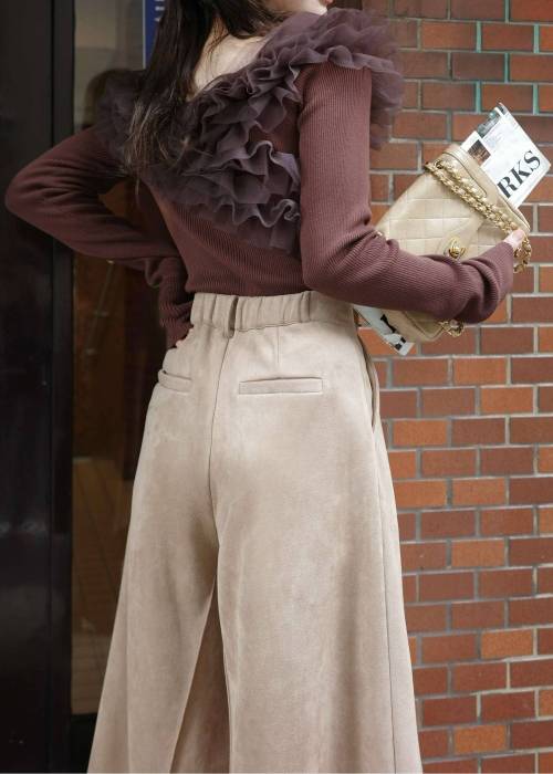 tulle frill neckline rib knit