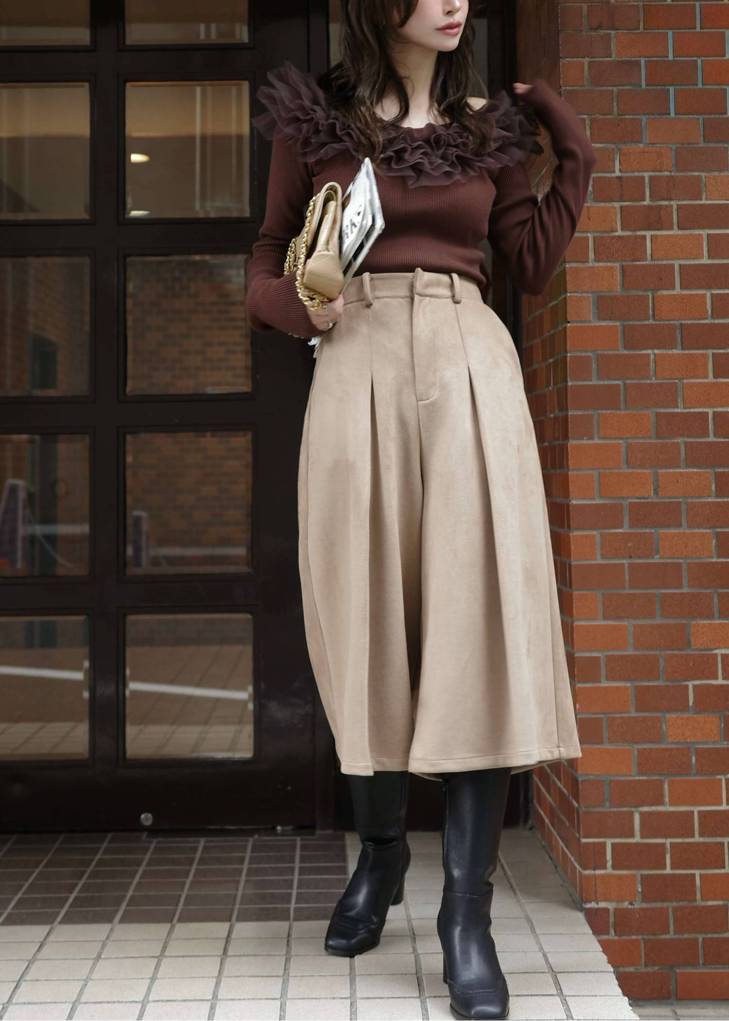 tulle frill neckline rib knit