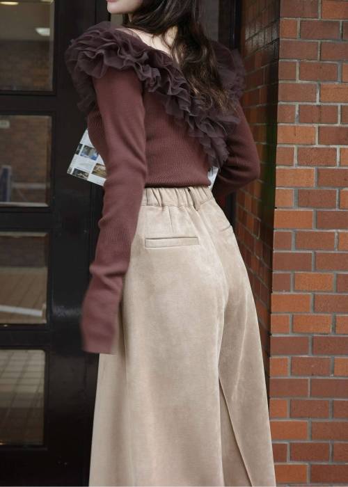 tulle frill neckline rib knit