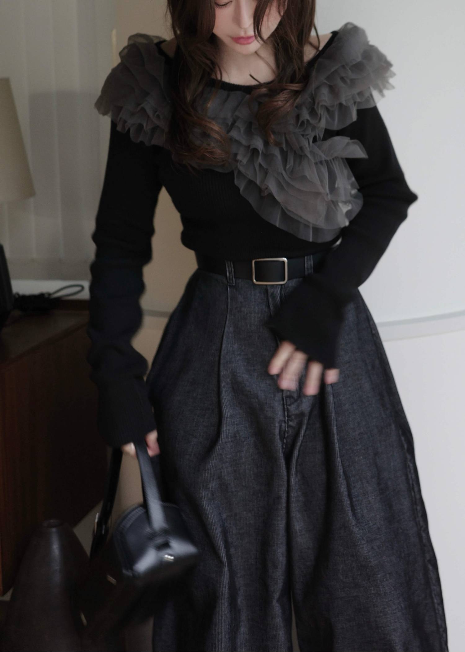 tulle frill neckline rib knit