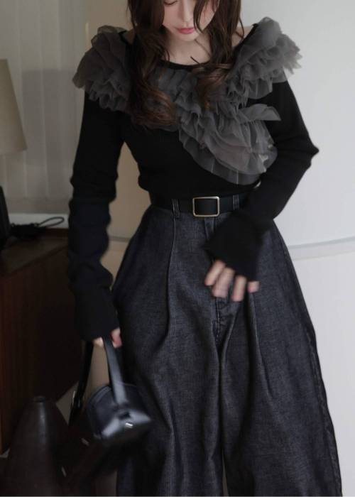 tulle frill neckline rib knit
