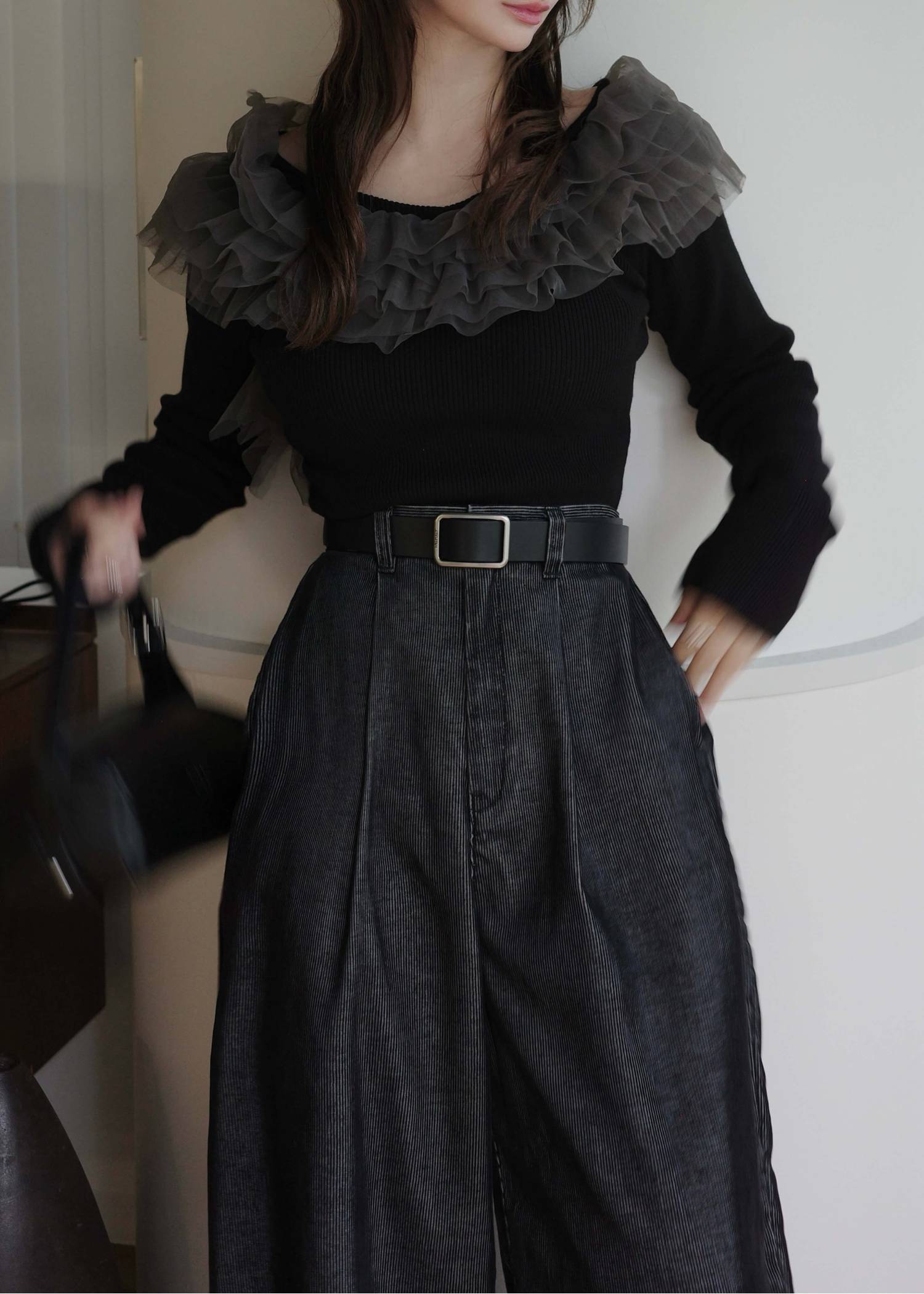 tulle frill neckline rib knit