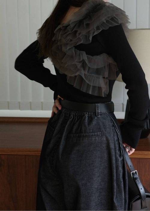 tulle frill neckline rib knit