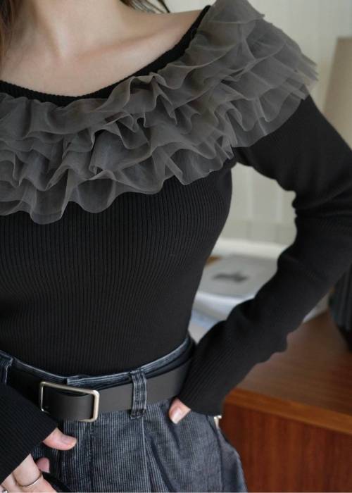 tulle frill neckline rib knit