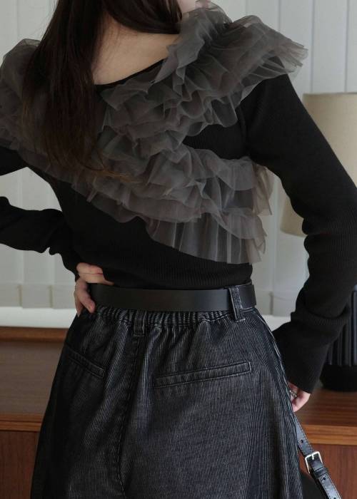 tulle frill neckline rib knit