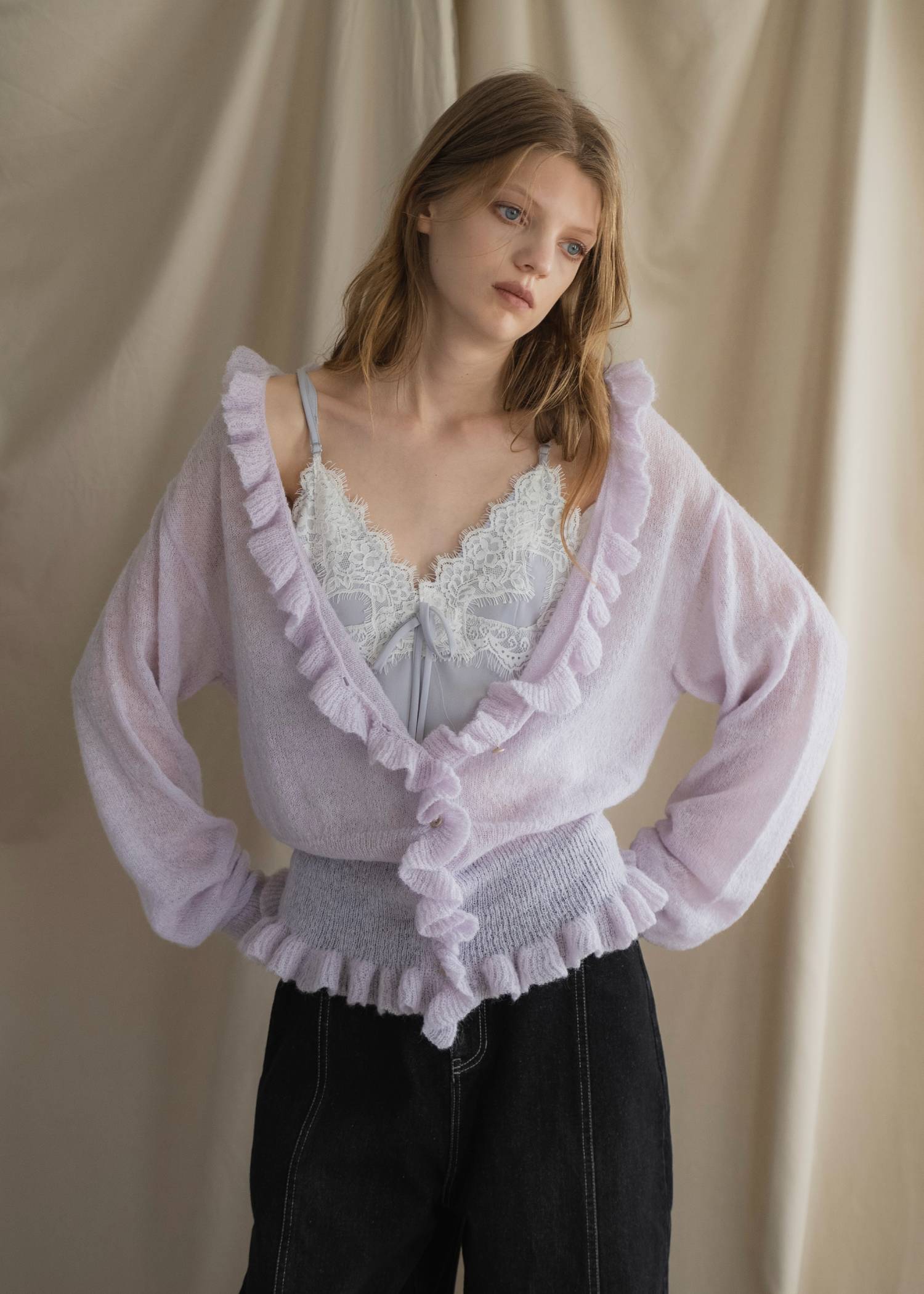 ruffle sheer rib waist knit cardigan