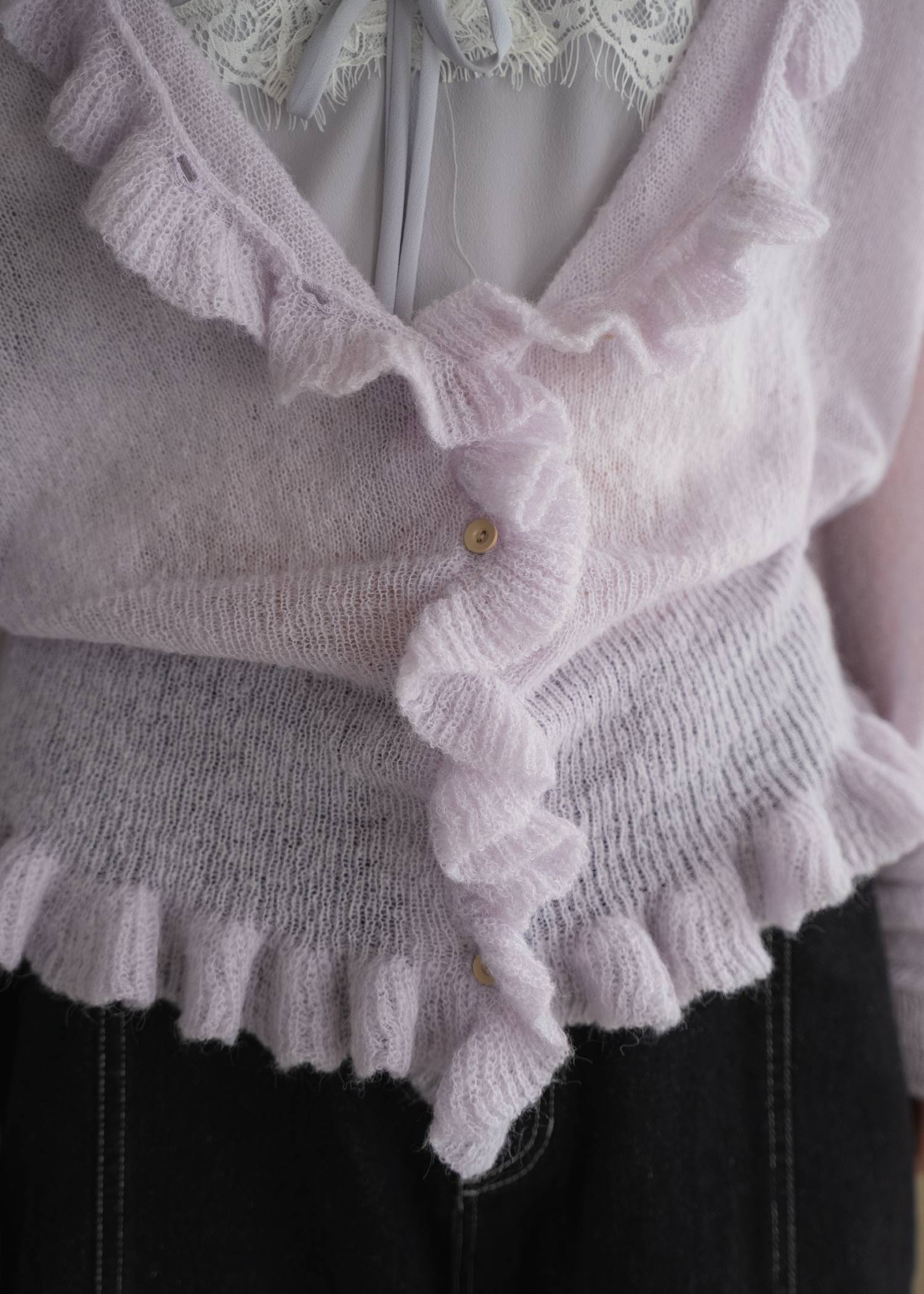 ruffle sheer rib waist knit cardigan