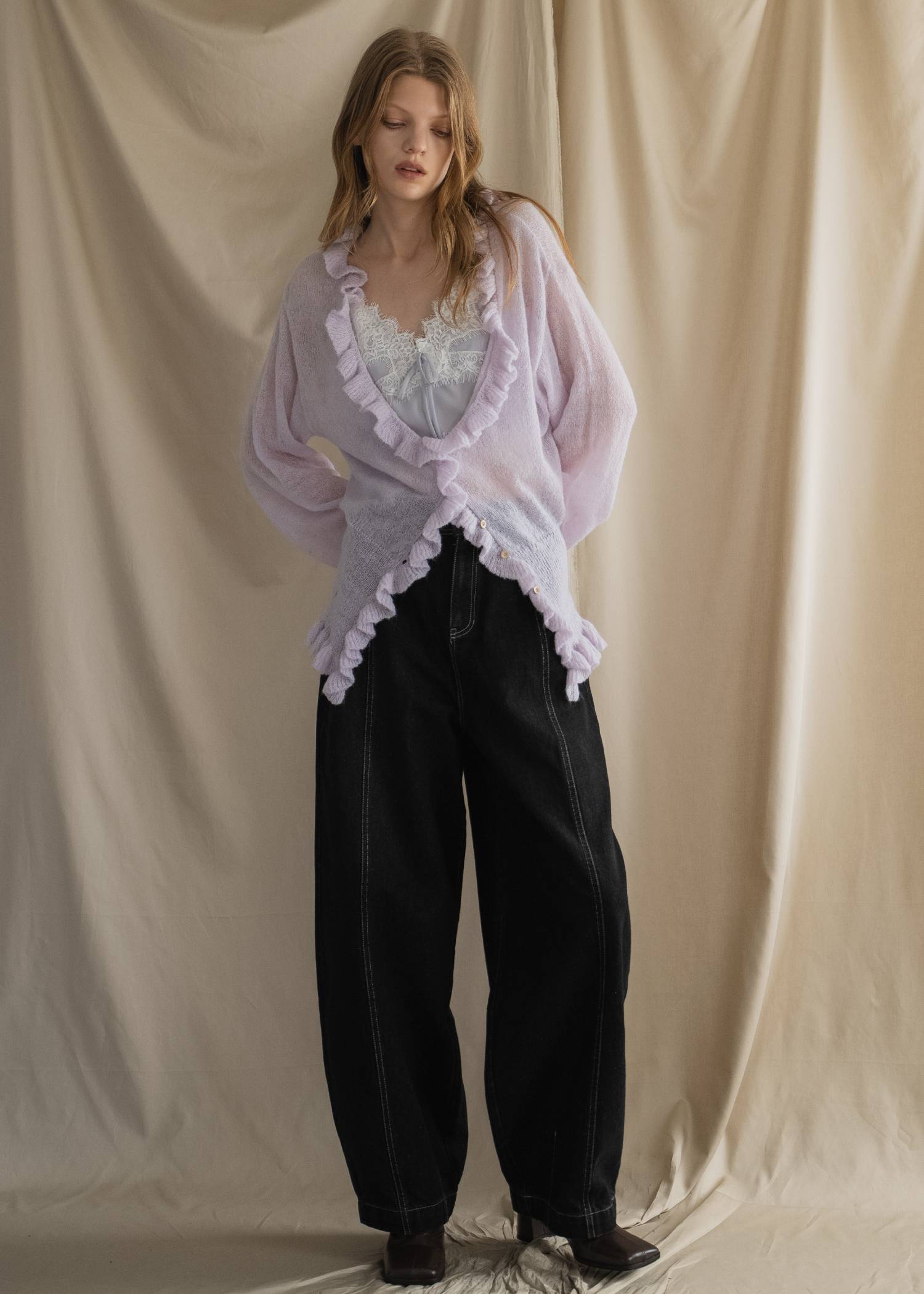 ruffle sheer rib waist knit cardigan