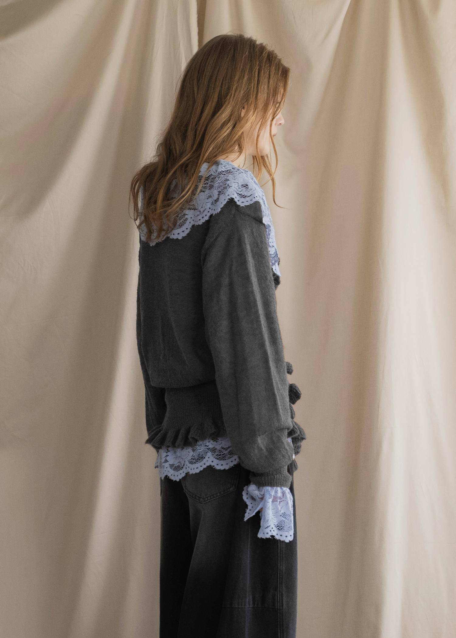 ruffle sheer rib waist knit cardigan
