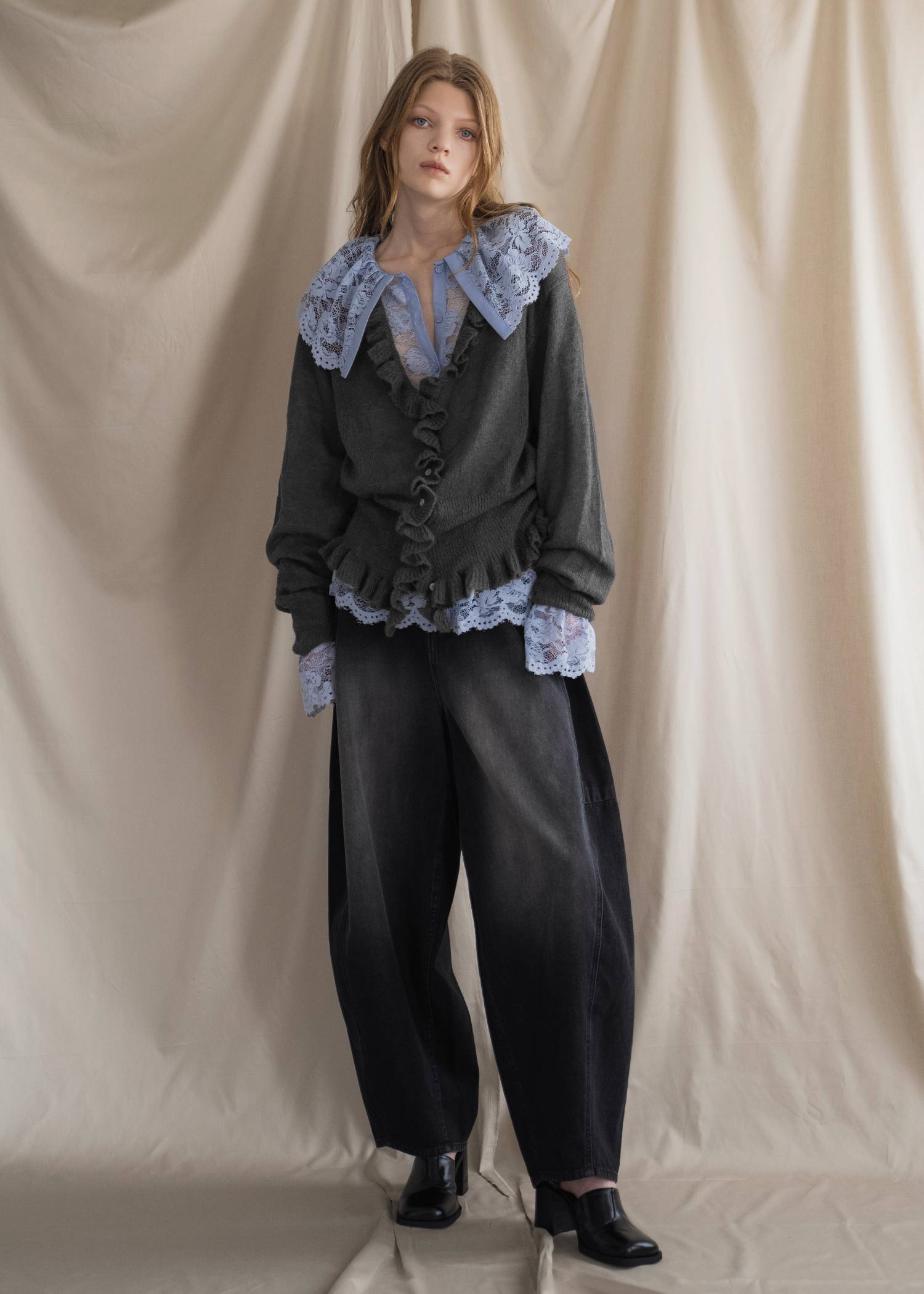 ruffle sheer rib waist knit cardigan