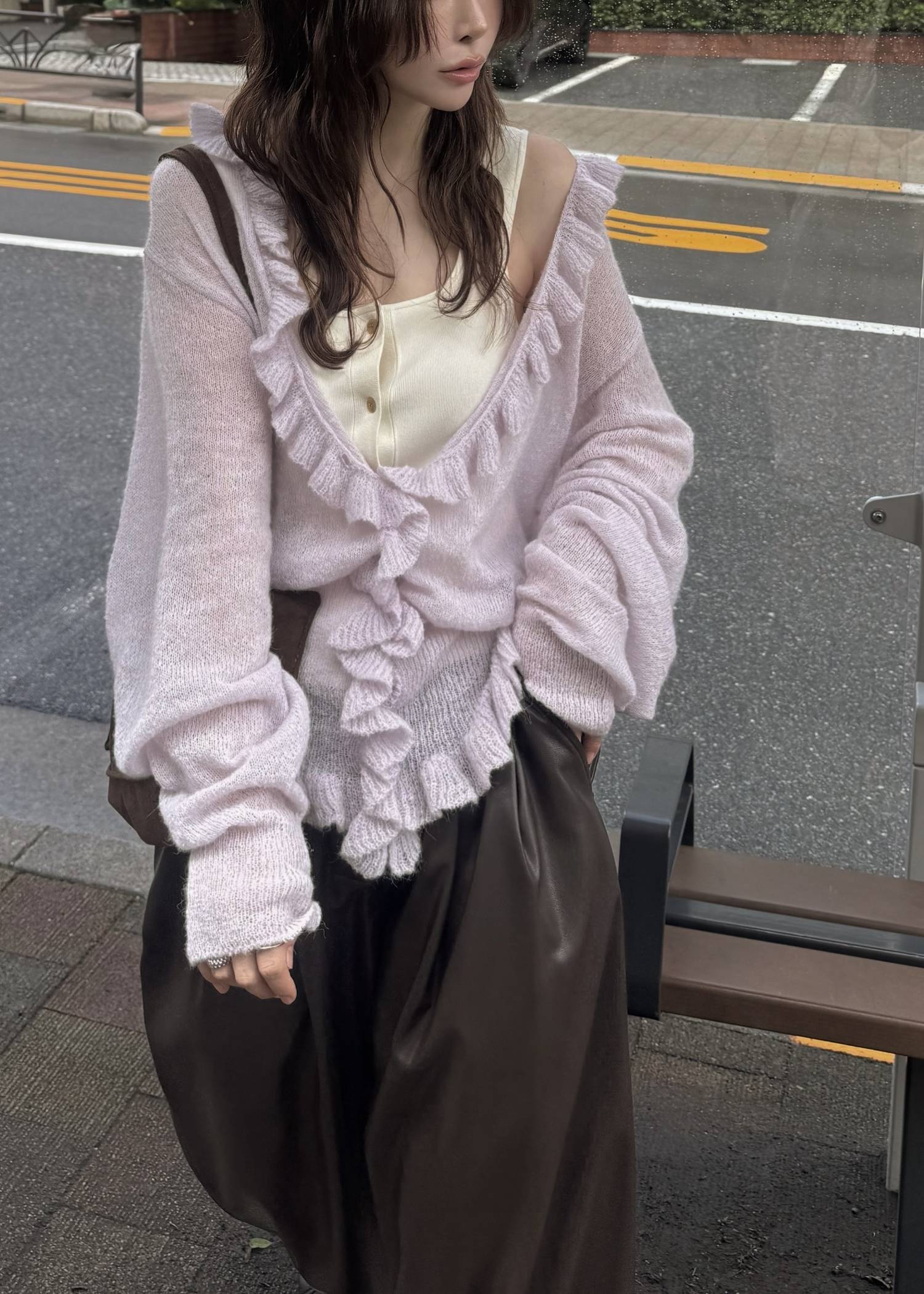 ruffle sheer rib waist knit cardigan