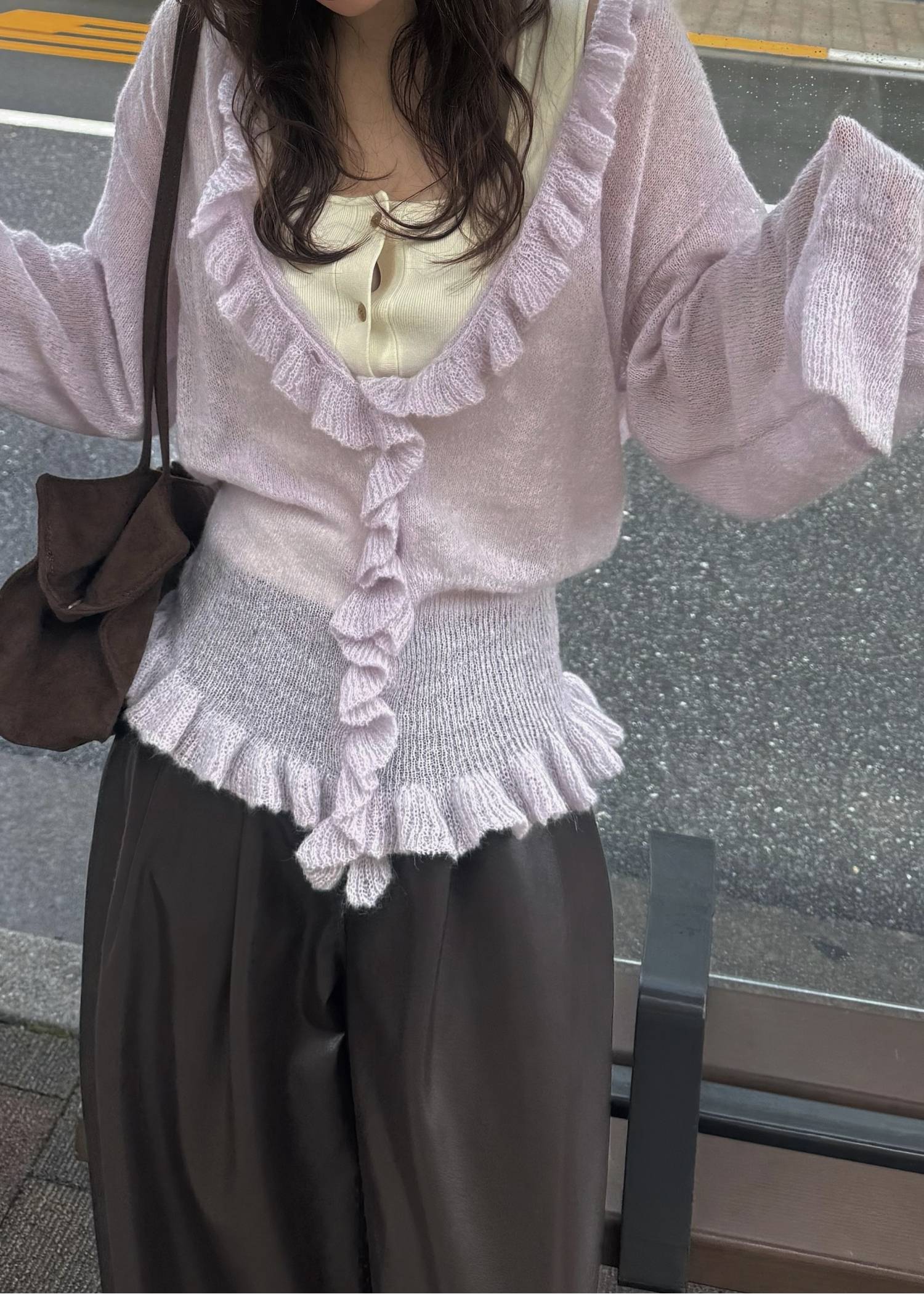 ruffle sheer rib waist knit cardigan