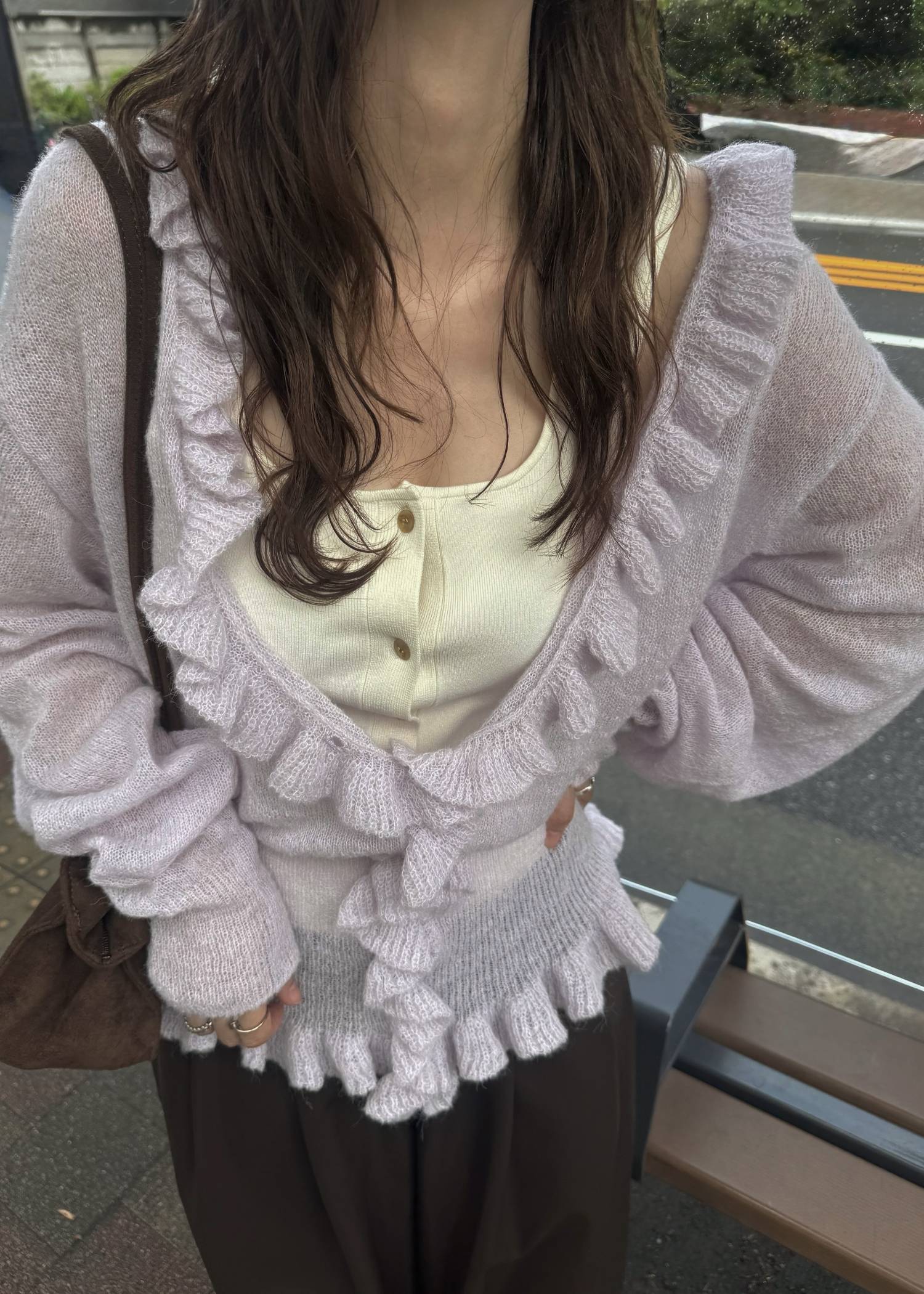 ruffle sheer rib waist knit cardigan