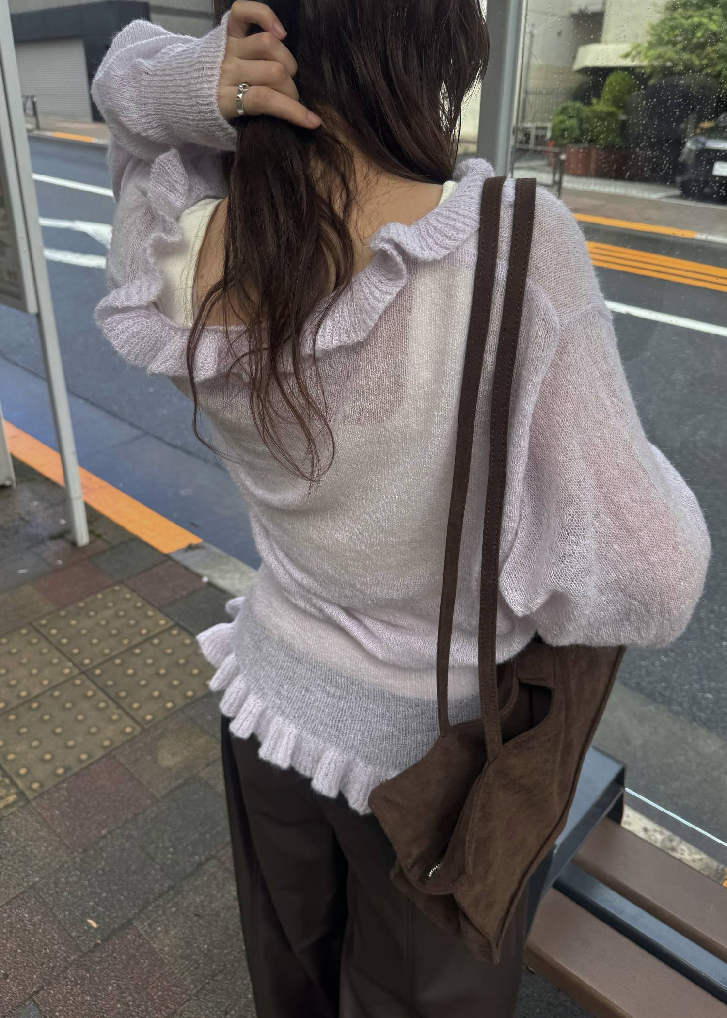 ruffle sheer rib waist knit cardigan