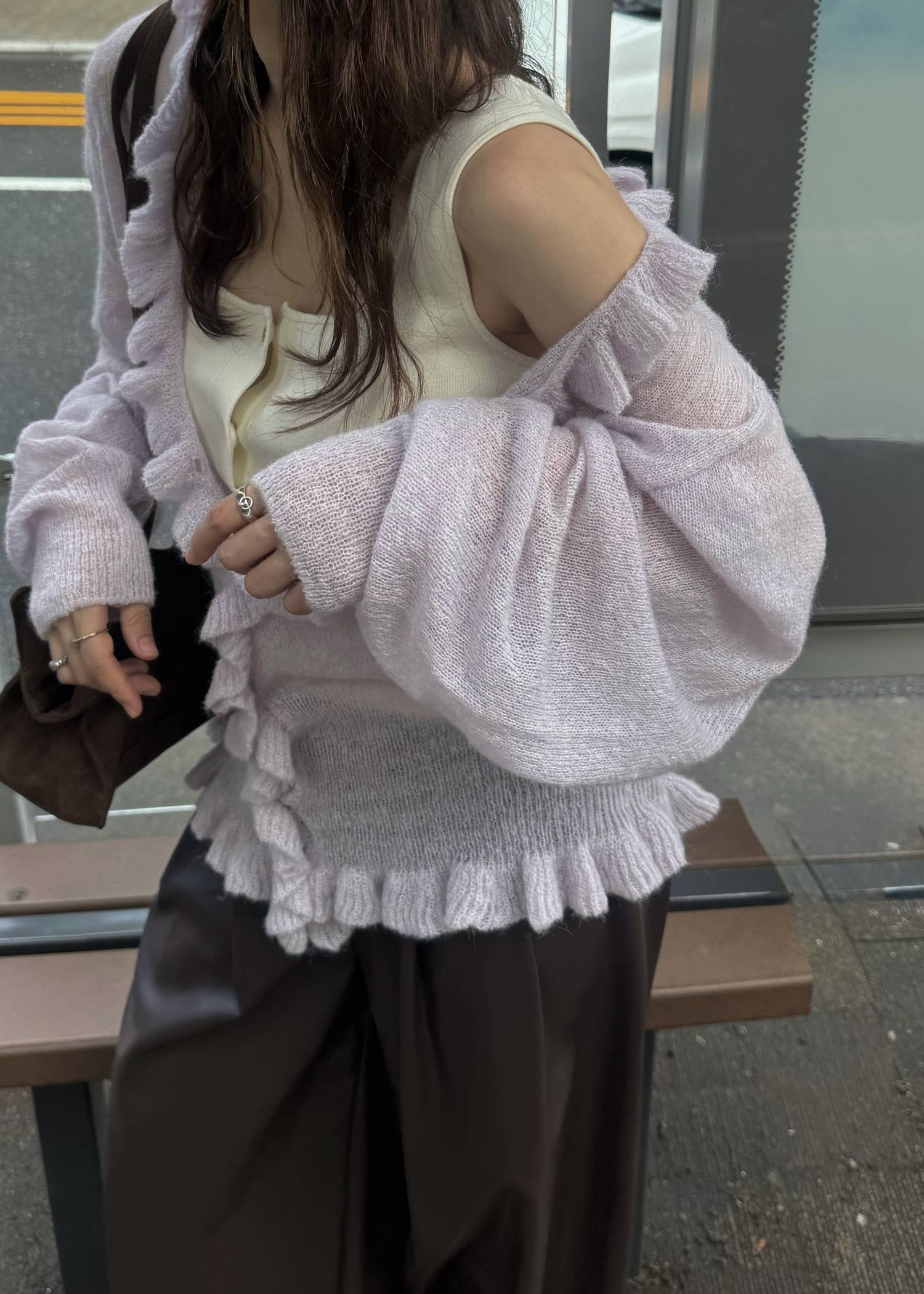 ruffle sheer rib waist knit cardigan