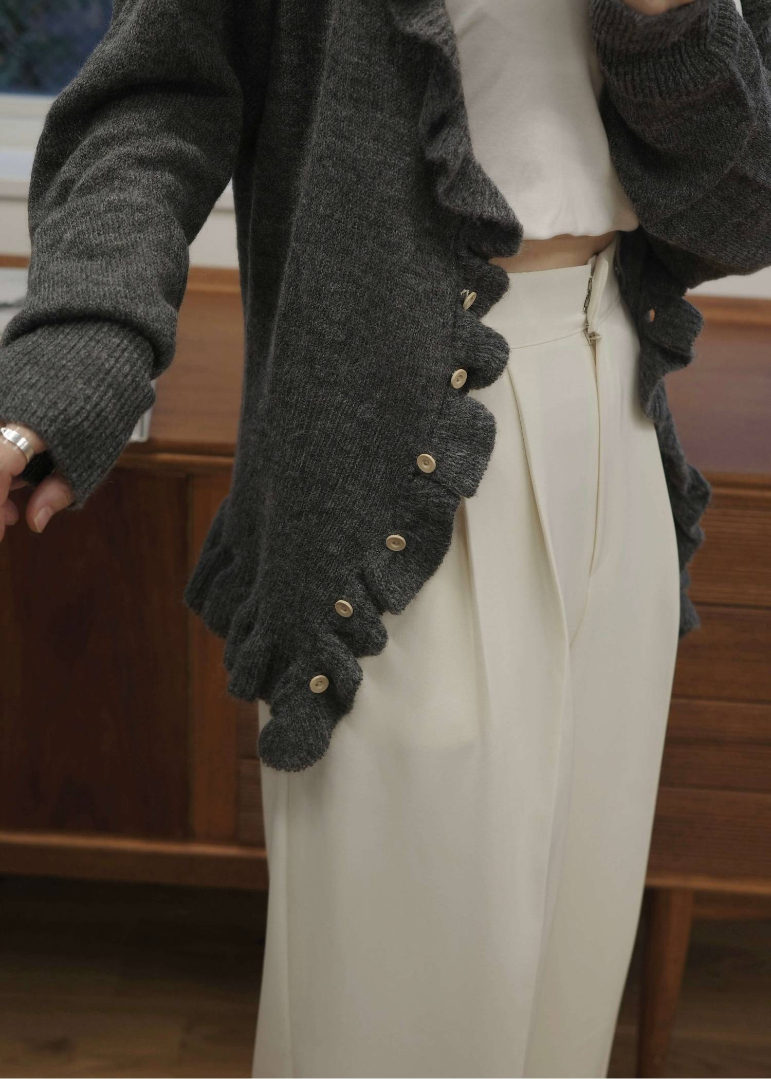ruffle sheer rib waist knit cardigan