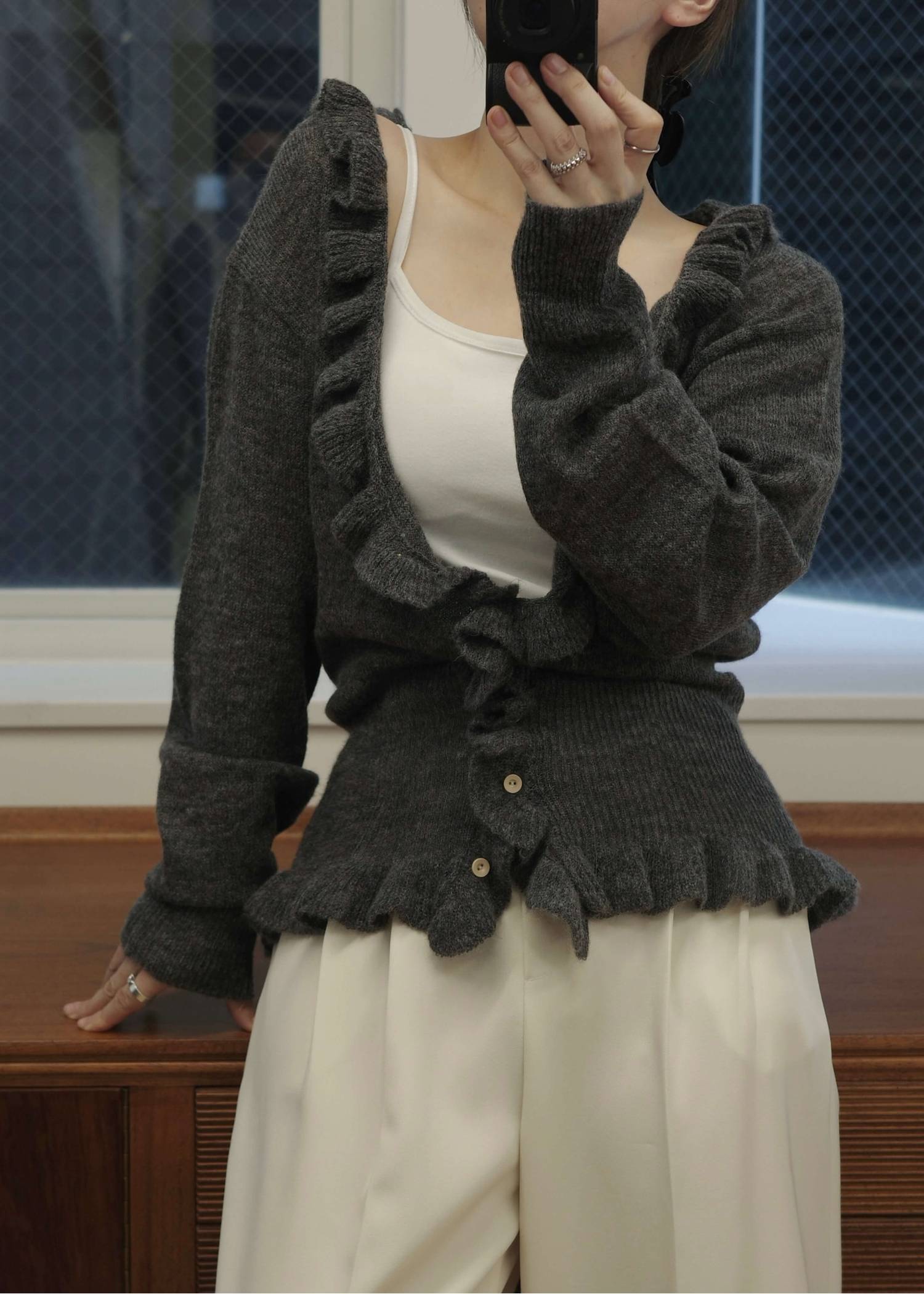 ruffle sheer rib waist knit cardigan